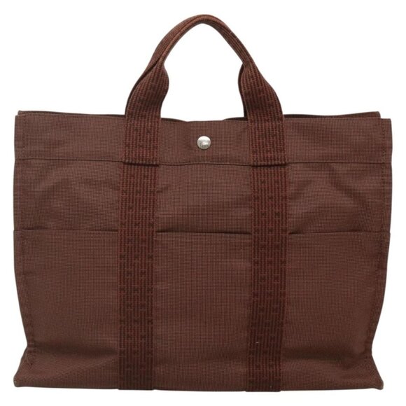 HERMES Her Line MM Tote Bag Canvas Brown Silver Auth bs28518 - Picture 3 of 16